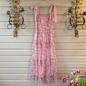 MINE Pink and Gray Floral Tiered Maxi Dress with Tie Straps